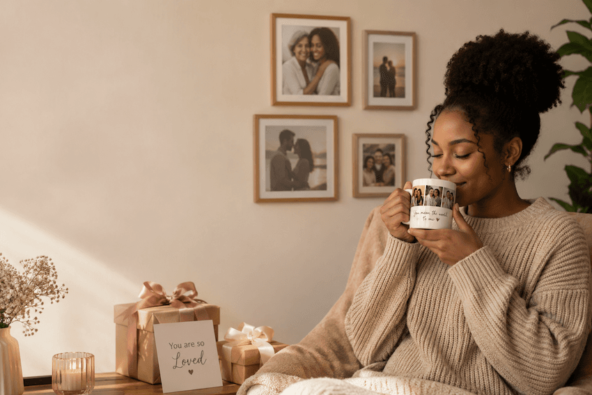 A woman sipping from a personalised photo mug beside framed family photos