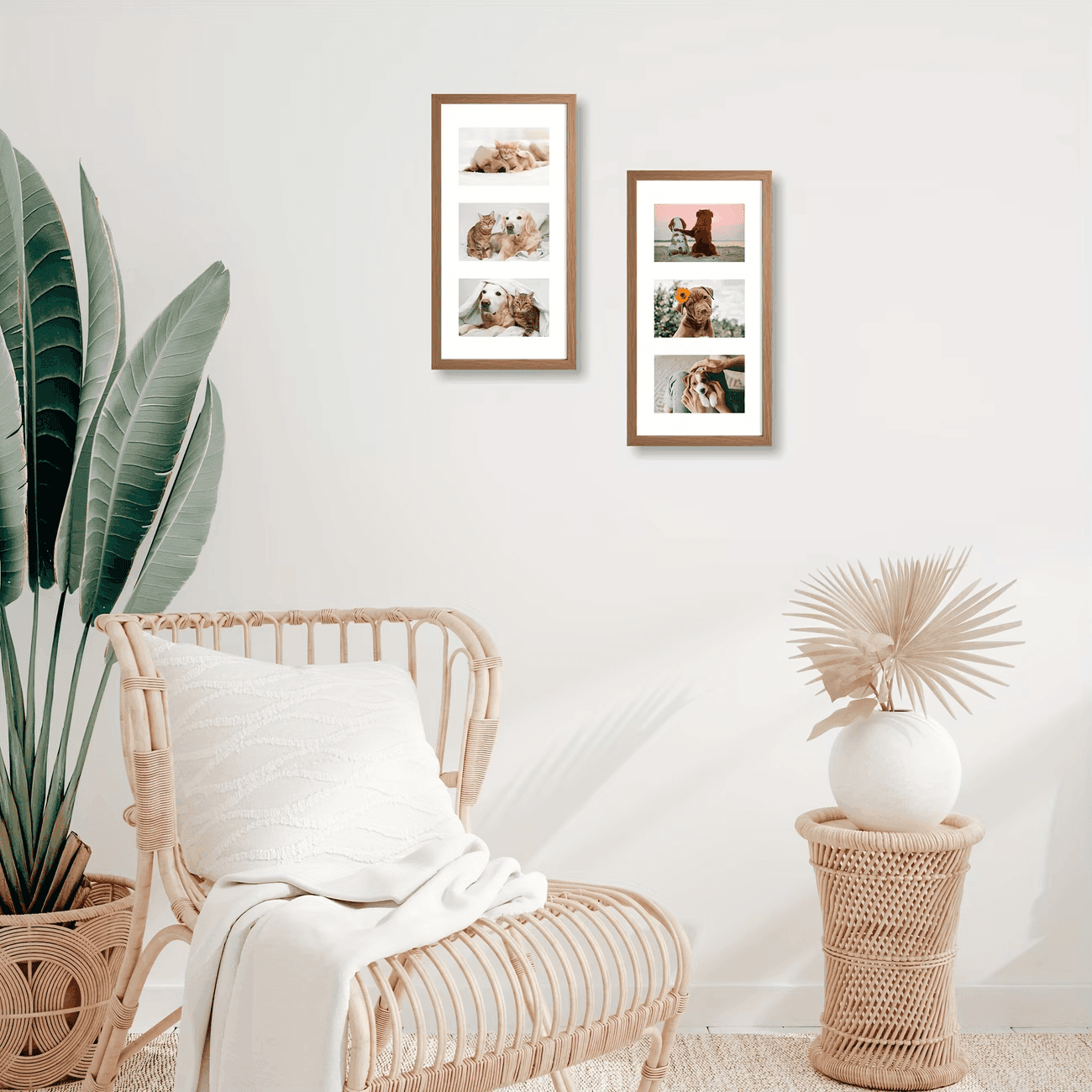 Two oak multi-photo frames of family pets on a living room wall